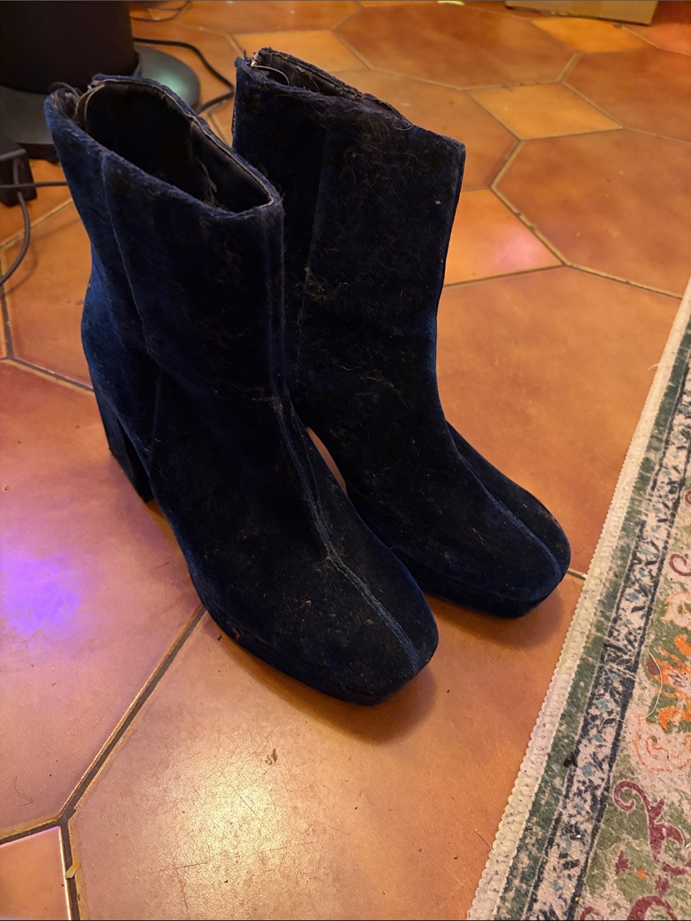 Zara Dark Blue Velvet Block Heel Ankle Boots